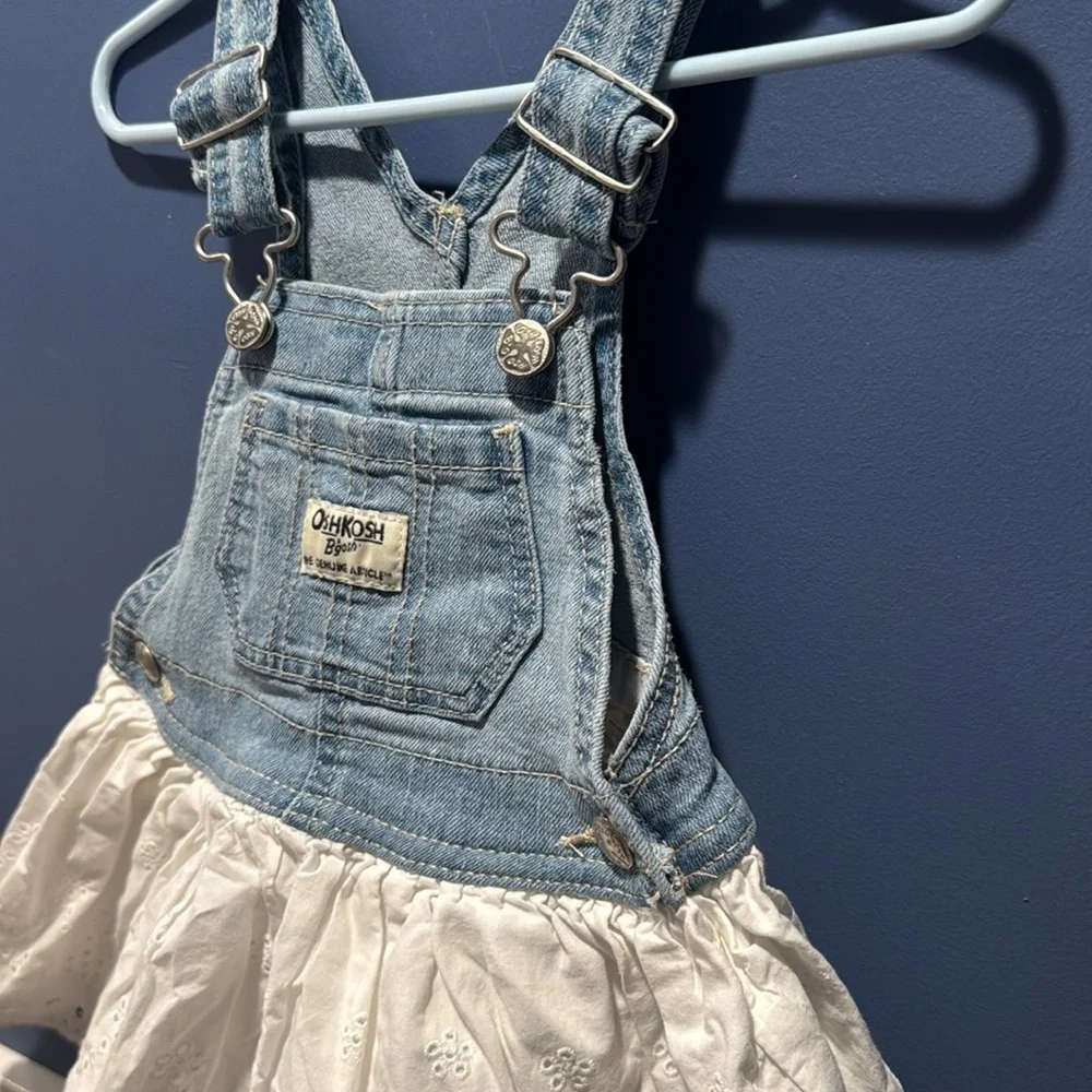 Oshkosh B'gosh Baby Girl Overall Dress 12 Months Denim And White Eyelet Skirt